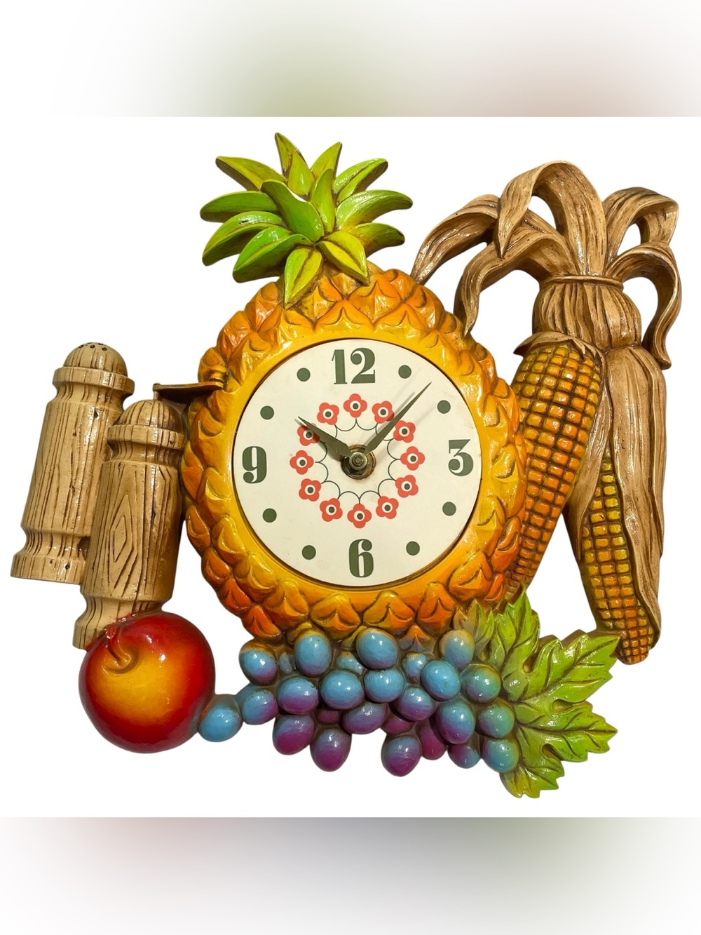 Vintage 1950s Miller Studio Chalkware Fruit Wall Clock Kitchen Decor - Very Rare
